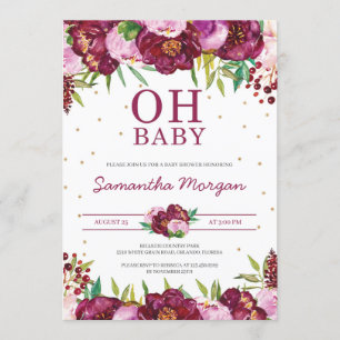 Invitation Fille florale rose rouge marron oh baby shower