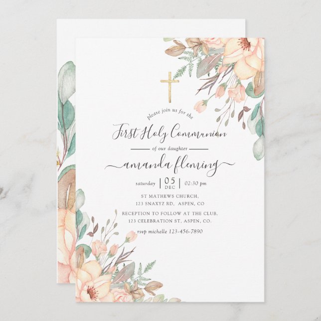 Invitation Fille florale rose rousse première sainte communio (Devant / Derrière)
