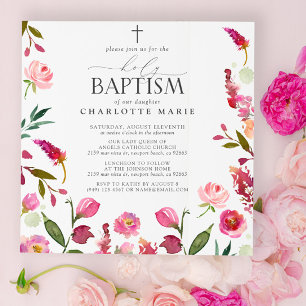 Invitation Fille Florale rose Saint Baptême Aquarelle Fleurs