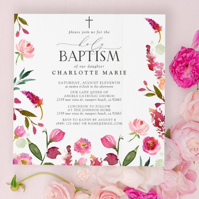 Invitation Fille Florale rose Saint Baptême Aquarelle Fleurs (Holy Baptism Invitations!)