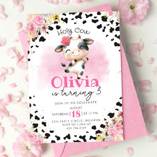 Invitation Fille florale rose Vache Saint Anniversaire