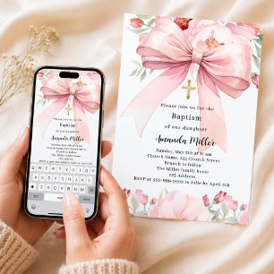 Invitation Fille florale ruban rose Baptême