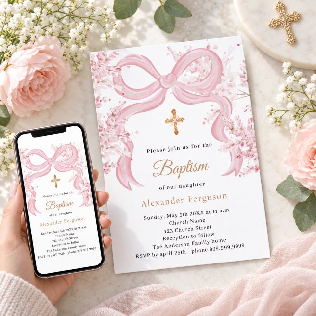 Invitation Fille florale ruban rose Baptême (Créateur téléchargé)
