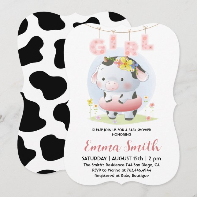 Invitation Fille Florale Vache Baby Shower  (Devant / Derrière)
