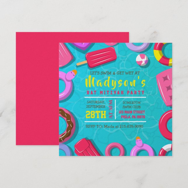 Invitation FILLE FLOTTEURS DE PISCINE Fête de Bat Mitzvah (Devant / Derrière)