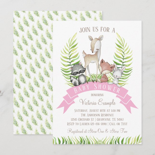 Invitation Fille forêt boisée verdure Baby Shower (Devant / Derrière)