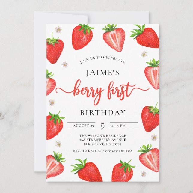 Invitation Fille fraise 1er anniversaire | Premier Berry Swee (Devant)