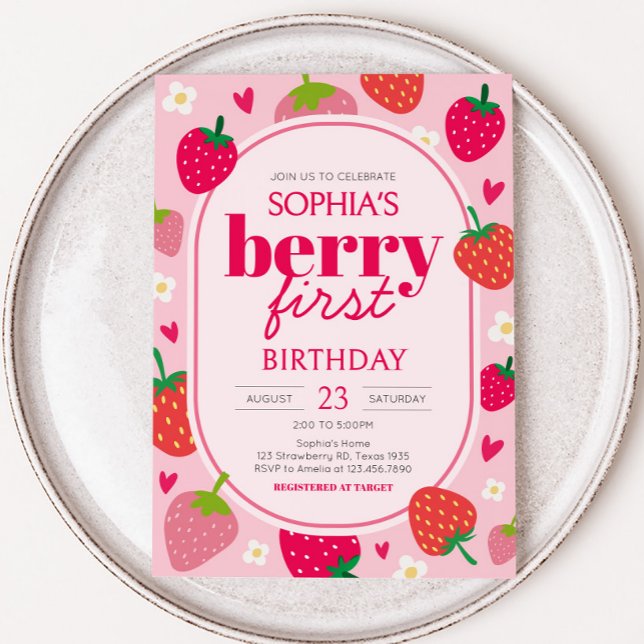 Invitation Fille fraise Berry Premier anniversaire fête (Strawberry Berry First Birthday Party Invitation)