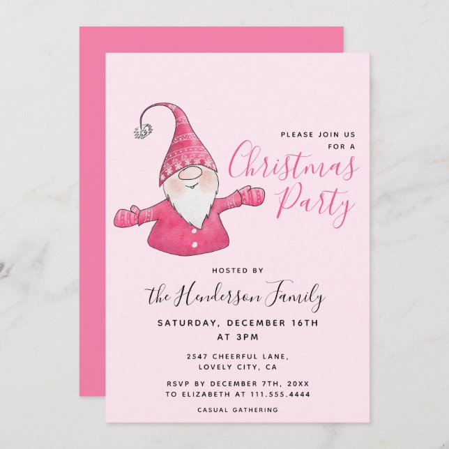 Invitation Fille Fun Gnome Personnalisé Pink Noël (Devant / Derrière)