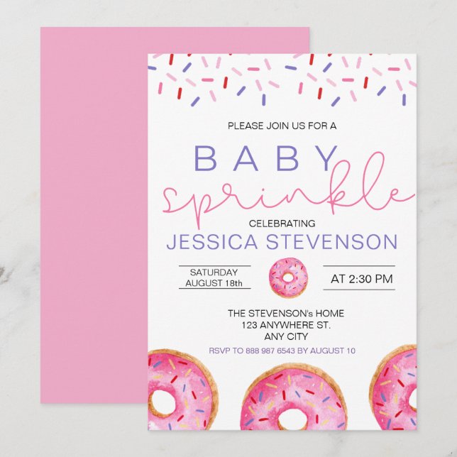 Invitation Fille gâteau d'eau Donuts Bébé Sprinkle Shower  (Devant / Derrière)