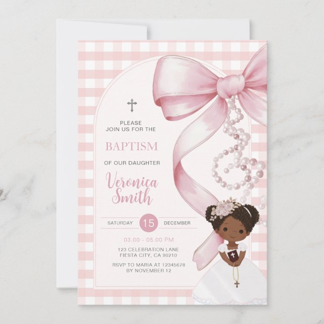 Invitation Fille Gingham Rose Baptême Nœud Rose Perle Cheveux (Devant)