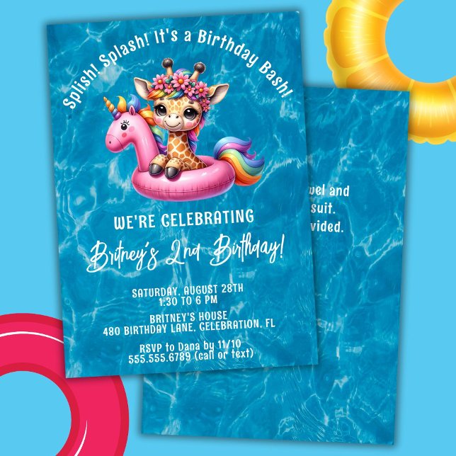 Invitation Fille girafe Splash Splash Fête d'anniversaire Pis (Créateur téléchargé)