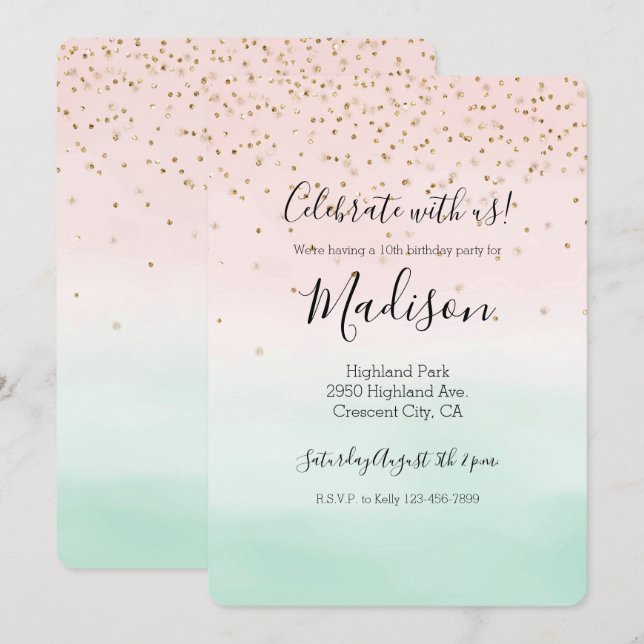 Invitation Fille Glam Blush Mint Rose Or Éperche Confetti (Devant / Derrière)