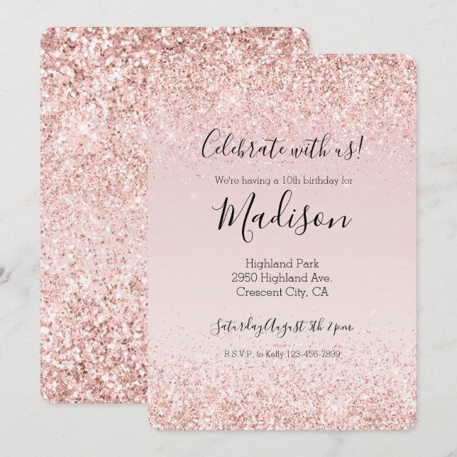 Invitation Fille Glam Blush Parties scintillant rose étincela (Devant / Derrière)