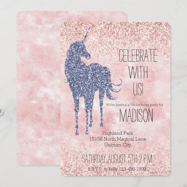 Invitation Fille Glam Blush rose violet Parties scintillant U (Devant / Derrière)