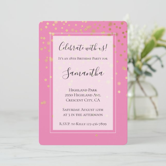 Invitation Fille Glam Confetti Dots rose Anniversaire (Debout devant)
