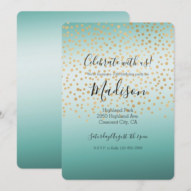 Invitation Fille Glam Gold Confetti Mint Ombre (Devant / Derrière)