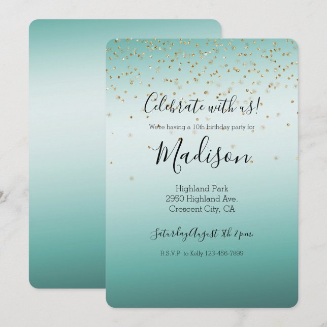Invitation Fille Glam Gold Sparkle Confetti Mint Ombre (Devant / Derrière)