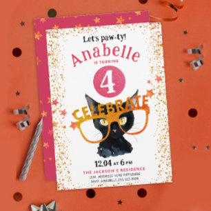 Invitation Fille Glittery Rose Orange Chat Pawty Aquarelle