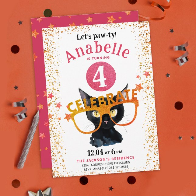 Invitation Fille Glittery Rose Orange Chat Pawty Aquarelle (Créateur téléchargé)