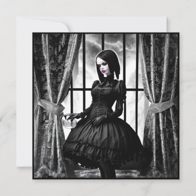 Invitation Fille gothique Halloween noir et blanc (Devant)