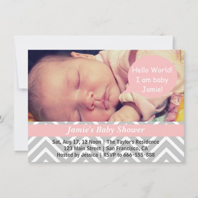 Invitation Fille grise et blanche en chevron Baby Shower Phot (Devant)
