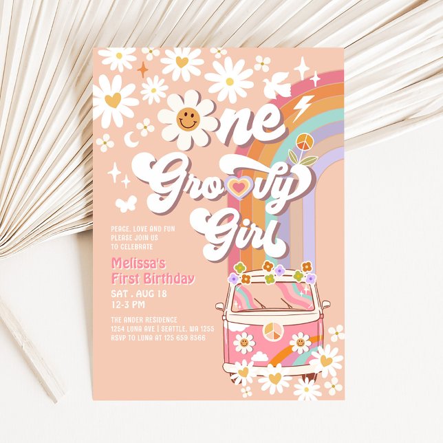 Invitation Fille Groovy Rose Fleur de Daisy Arc-en-ciel 1er A (Créateur téléchargé)