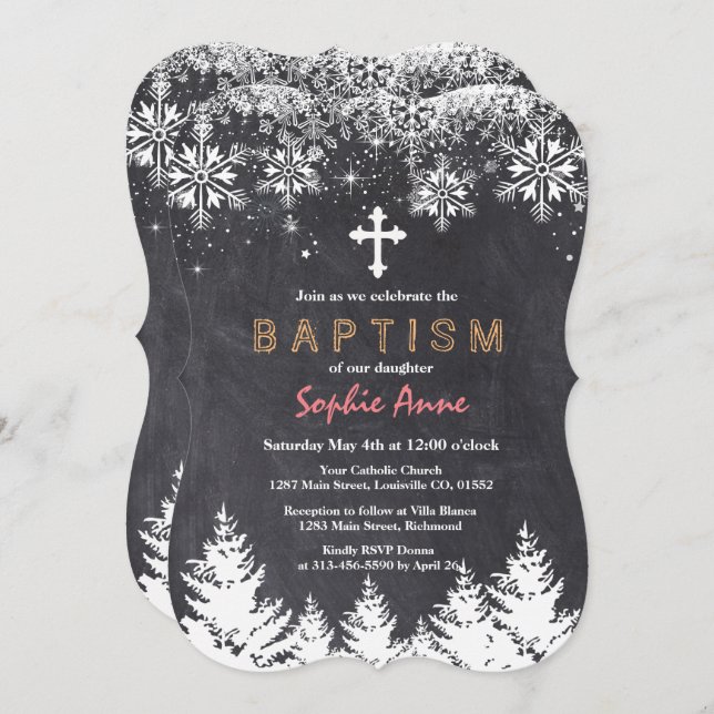Invitation Fille Hiver Flammes de neige Chalkboard Baptême (Devant / Derrière)