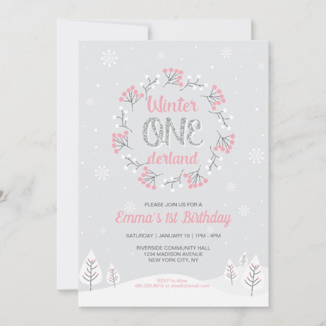 Invitation Fille Hiver Onederland 1er Anniversaire, Premier a (Devant)