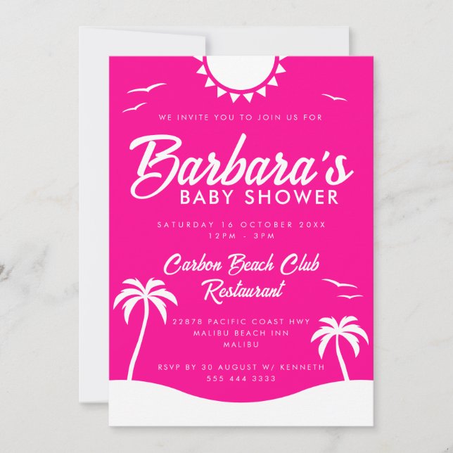 Invitation Fille Hot rose Summer Beach Baby shower de fête (Devant)