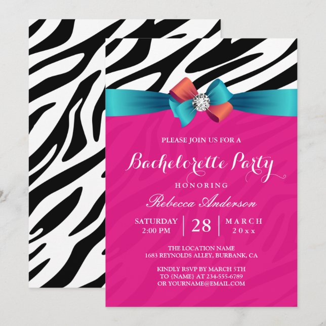 Invitation Fille Hot rose Zebra Print Bachelorette Party (Devant / Derrière)