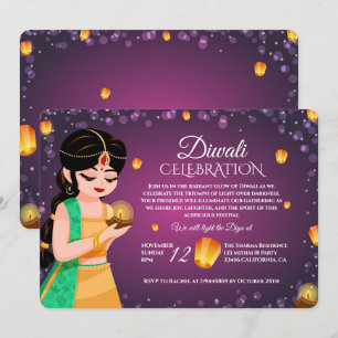 Invitation Fille indienne élégante Lanterne flottante Diwali