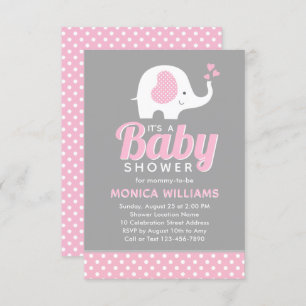 Invitation Fille - Joli Baby shower d'éléphant gris rose