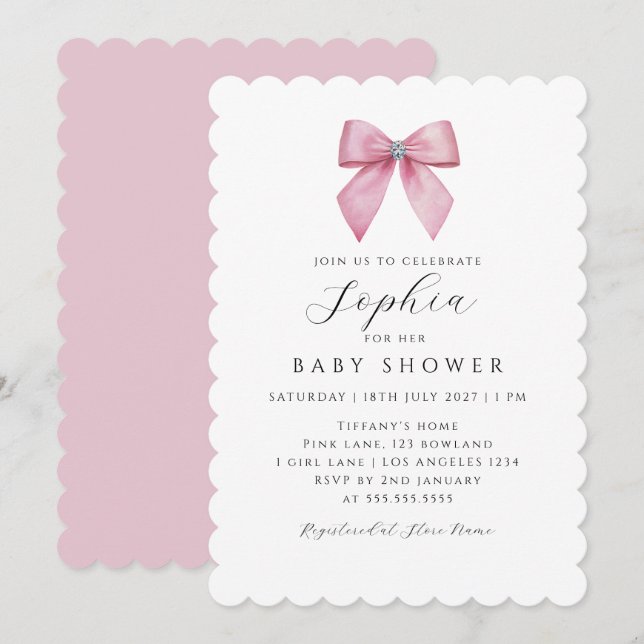 Invitation Fille Joli Ruban Rose Baby Shower  (Devant / Derrière)