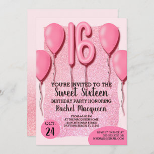 Invitation Fille jolie Parties scintillant rose Ballons doux 