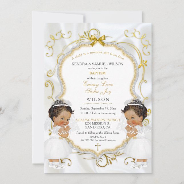 Invitation Fille jumeaux Baptême Christening Gold Ethnic (Devant)