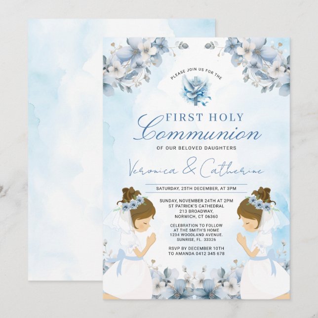 Invitation Fille jumelle priant pour la première communion Fl (Devant / Derrière)