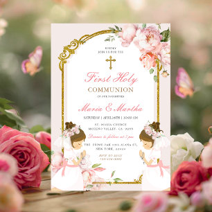 Invitation Fille JUMELLE priant pour sa Première Sainte Commu