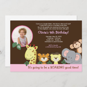 Invitation Fille Jungle Zoo fête Animale Photo Anniversaire