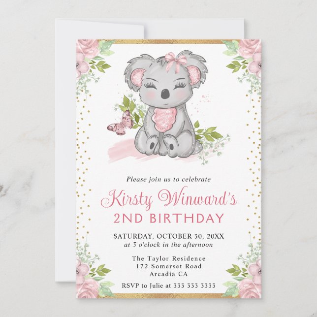 Invitation Fille Koala Florale Mignonne Aquarelle 2ème Annive (Devant)