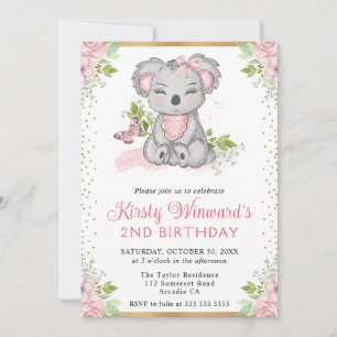 Invitation Fille Koala Florale Mignonne Aquarelle 2ème Annive