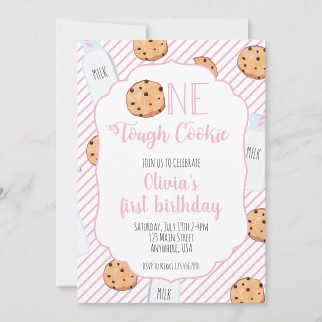 Invitation Fille Lait et Cookies Rose premier Anniversaire (Devant)