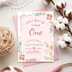 Invitation Fille lapin à carreaux avec noeud rose floral pour