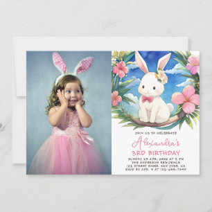 Invitation Fille Lapin Anniversaire Photo Jolie Fleurs roses 