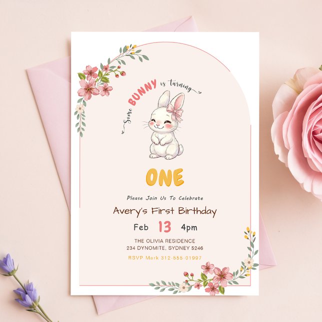 Invitation Fille Lapin de Gingham Rose Floral 1er Anniversair (Créateur téléchargé)