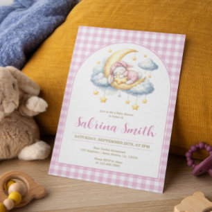 Invitation Fille Lapin Lune Étoile Rose Vichy Baby Shower 