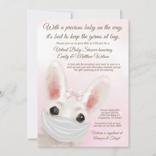 Invitation Fille Lapin Rabbit Mask Drive Par Baby shower En L (Devant)