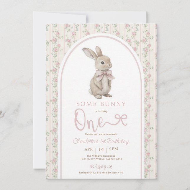 Invitation Fille lapin rose Coquette 1er anniversaire (Devant)