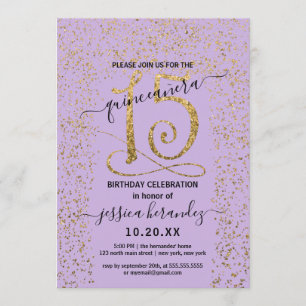 Invitation Fille Lavande Doré Confetti Bordure Quinceañera