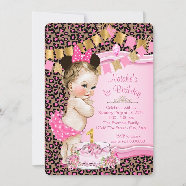Invitation Fille Léopard 1er Anniversaire (Devant)